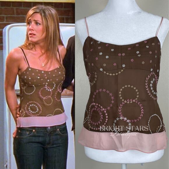 Tops - Rare Silk Top Brown Pink Embroidered ASO Friends Rachel Green Y2K Vintage